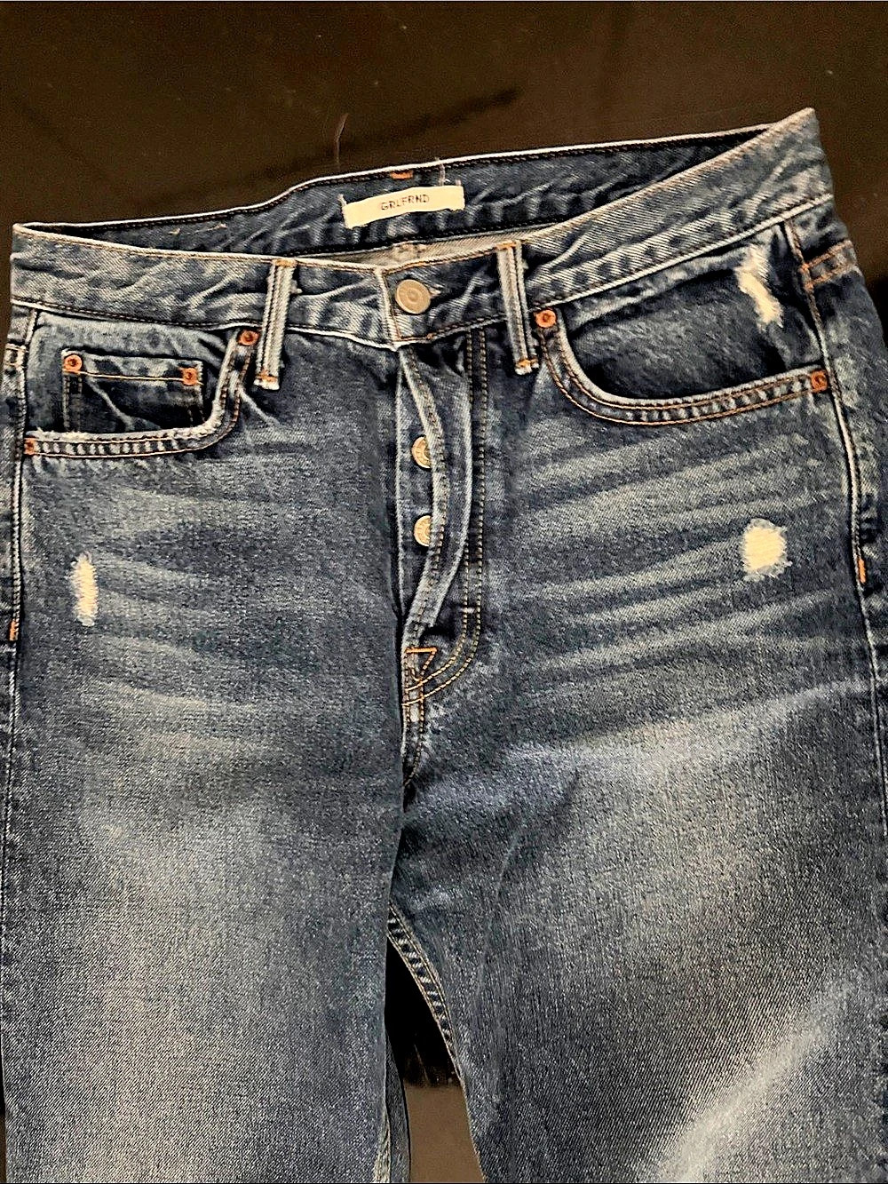 GRLFRND Straight Leg Distressed Jeans in Blue